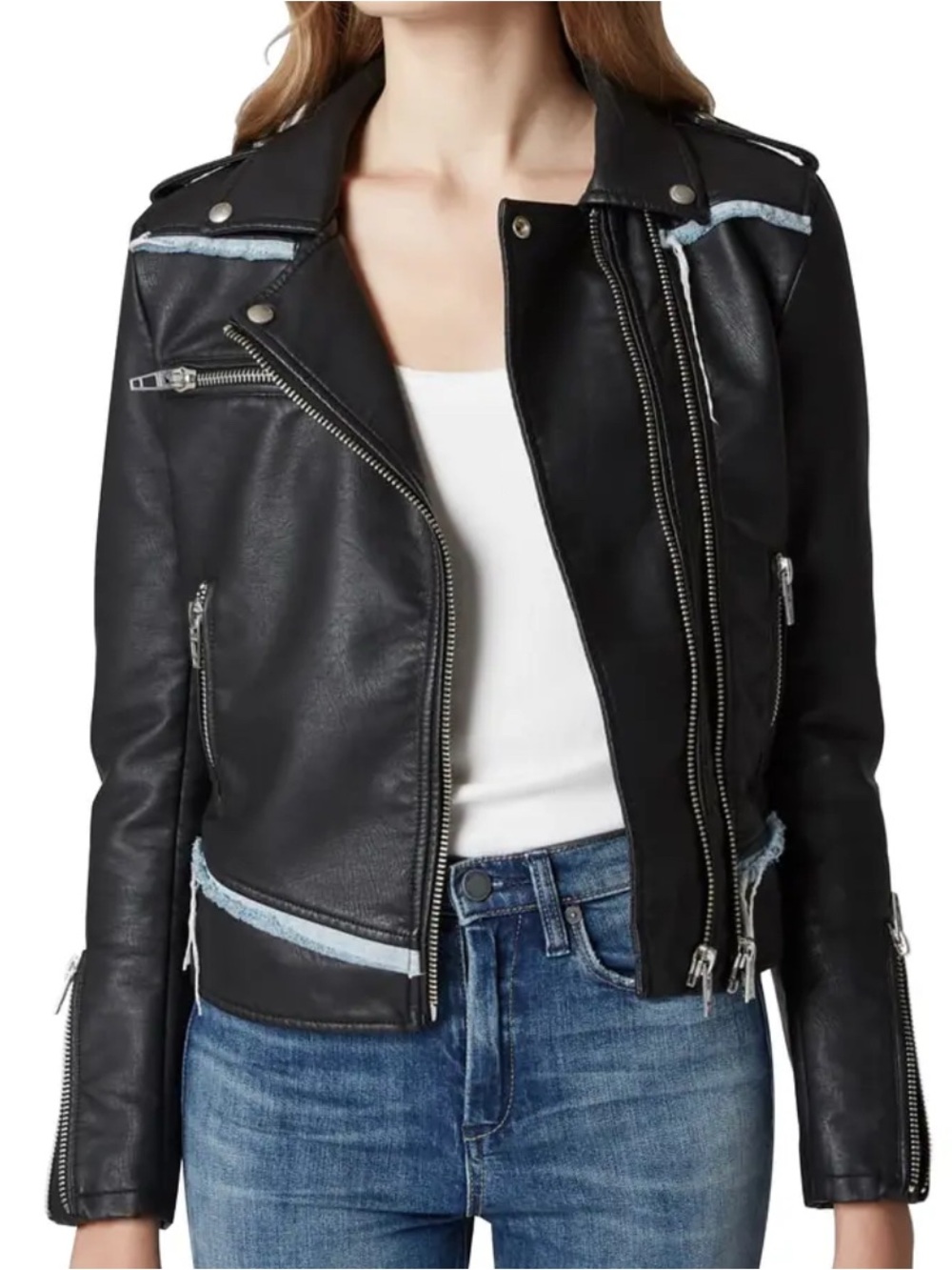 BLANKNYC Thrasher Denim Trim Black Faux Leather Moto Jacket Size S
